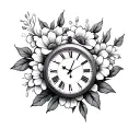 clock, flowers intertwined, tattoo design idea