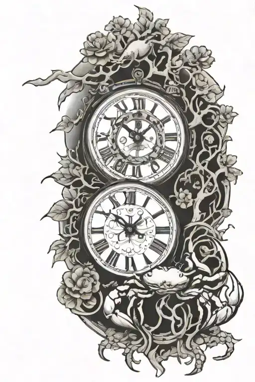 tree with clock and zodiac crab holding tattoo design idea