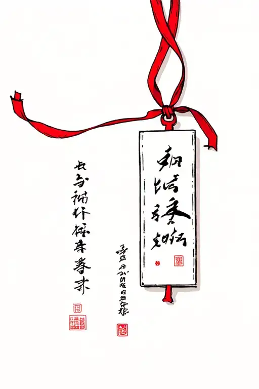 Omamori with red ribbon wrapped, writing inside Lucy tattoo design idea
