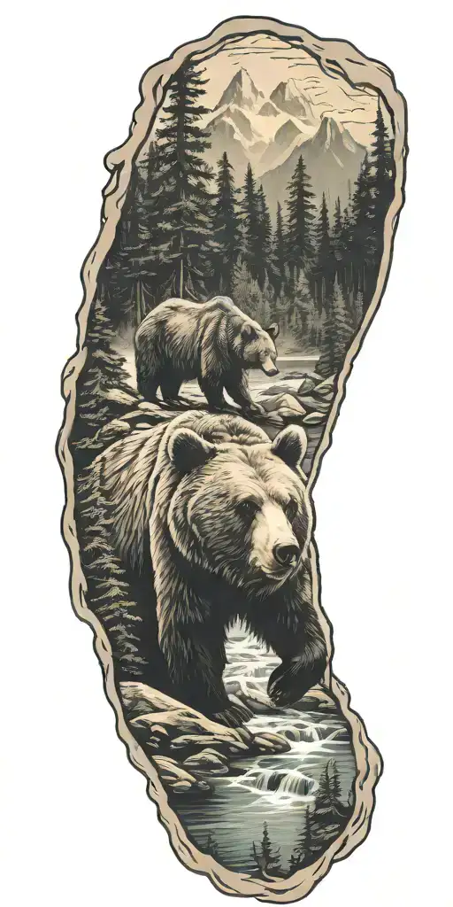 bear, forest, mountains, river tattoo design idea