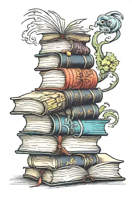 long precariously stacked books tattoo design idea