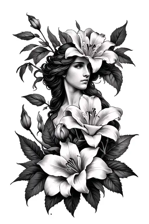 Greek mythology with lilies and roses intertwined tattoo design idea