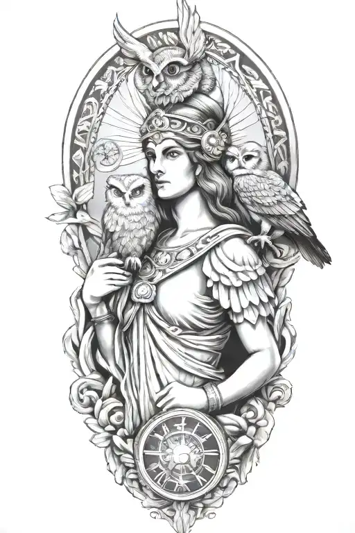 athena greek goddess with owl and parthenon tattoo design idea