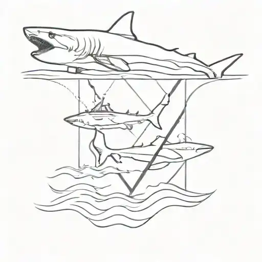 three body problem logo with sand shark going through middle of it causing water distortion from the wake tattoo design idea