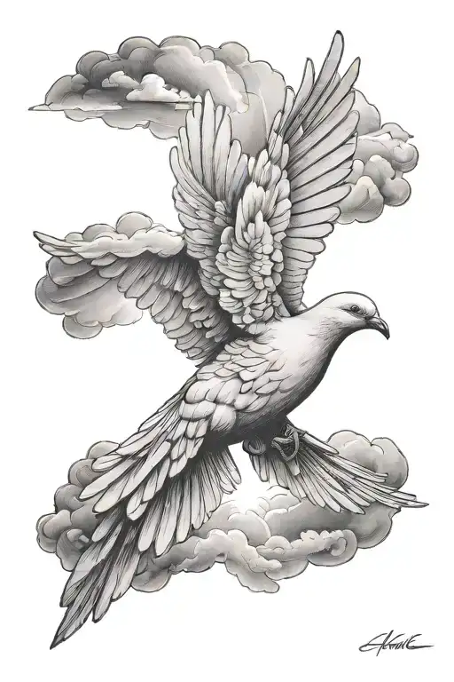 dove, light rays, cloud, soft tattoo design idea