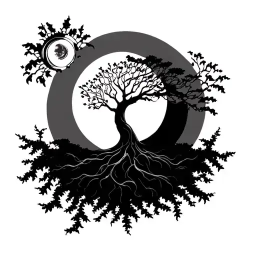 ** The sun and the moon, the tree of life andperfect! 🌙🌳✨ I will outline the concept of a large tattoo, tattoo design idea