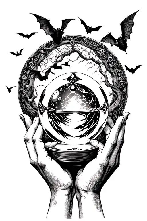 hands holding a crystal ball surrounded by bats flying tattoo design idea