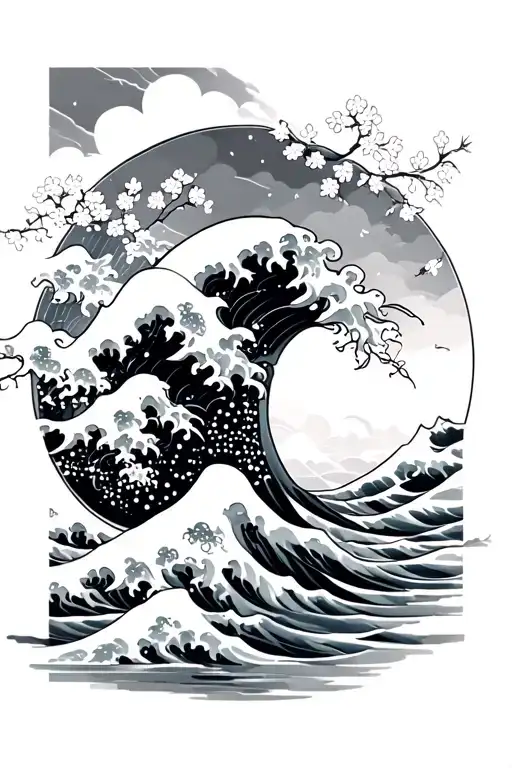 great wave of kanagawa with cheery blossom tattoo design idea