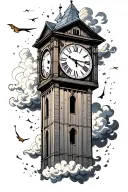clock tower surrounded by clouds floating with roman numerals and coordinates next to it tattoo design idea
