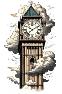 clock tower surrounded by clouds floating with roman numerals and coordinates next to it tattoo design idea