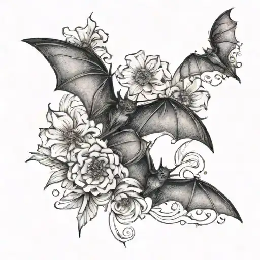 bats flying across flowers intertwined tattoo design idea