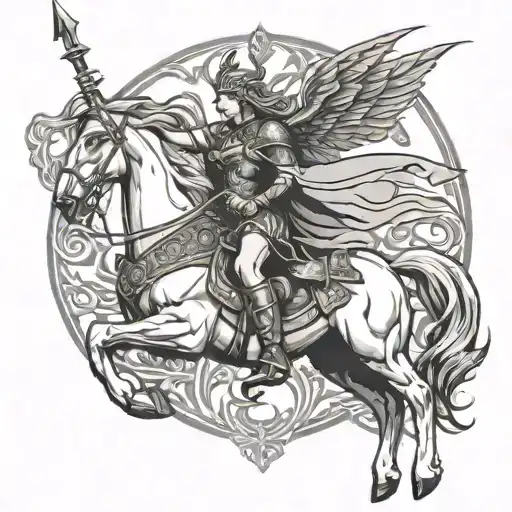 A powerful Norse Valkyrie riding a fierce horse into battle, wielding a spear and shield, with the symbol of Yggdrasil in the background tattoo design idea