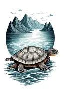 henna inspired turtle surrounded by mountains and ocean  tattoo design idea