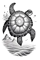 henna inspired turtle surrounded by mountains and ocean  tattoo design idea