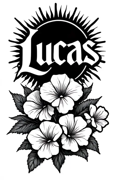a  masculine tattoo design featuring the name "Lucas" in elegant script letters, with sun rays and sweet peas tattoo design idea