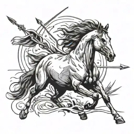 Wild horse running in field with crossed arrows behind it  tattoo design idea