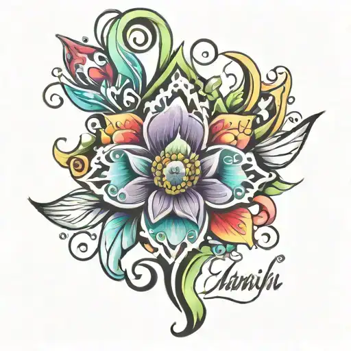 generate a colorfull tattoo design with name of Manish on women long hand, showing dedication, love, caring. tattoo design idea