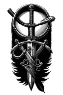 flintlock pistol crossed with cutlass sword crossed with magnifying glass crossed with quill pen tattoo design idea