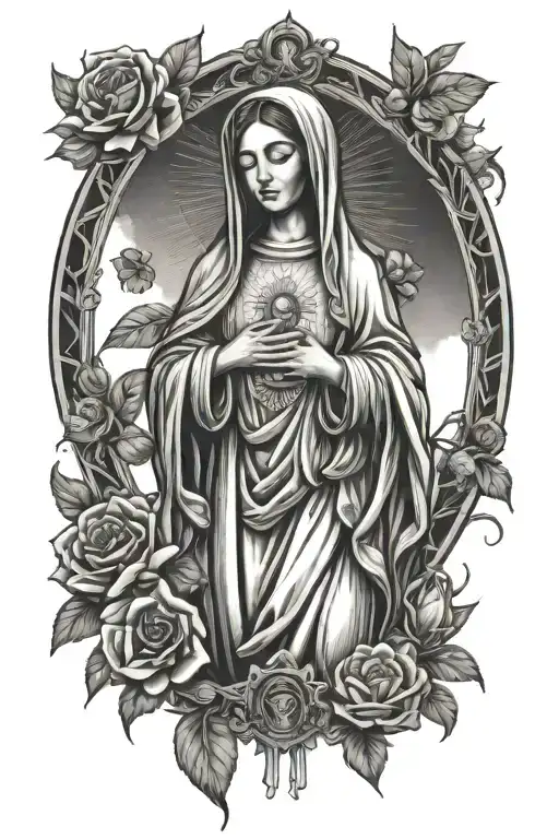 chicano style, virgin mary, with heavy ochun and yemaya symbolism  tattoo design idea