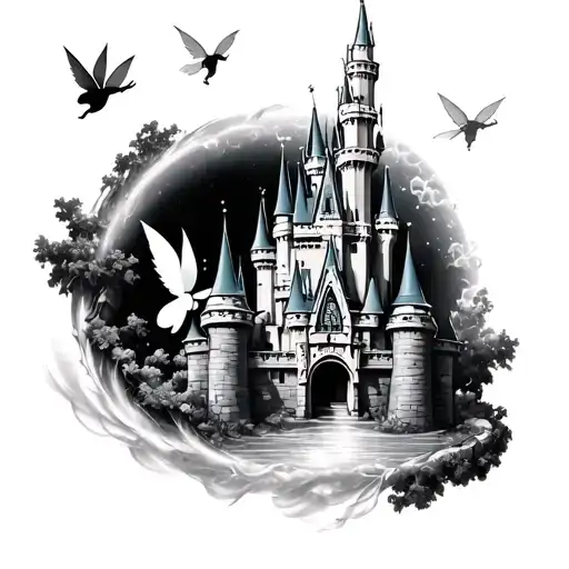 Disney castle with tinkerbell flying around it tattoo design idea