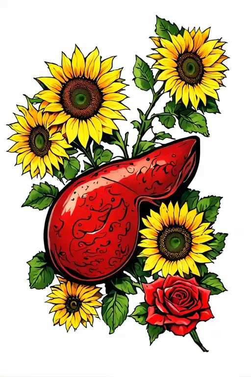 liver with sunflowers and a single red rose intertwined tattoo design idea