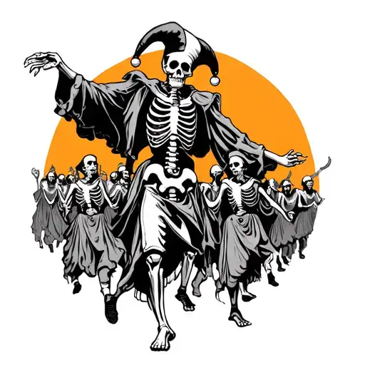 A skeletal jester leading a parade of fools, their ribcages visible under motley rags, dancing on a dying sun tattoo design idea