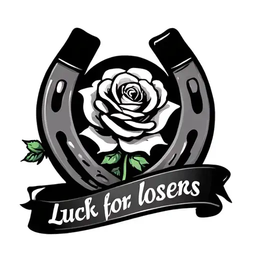 "Luck is for losers" traditional horseshoe with rose in center tattoo design idea