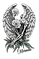 "Miranda" angel wings spread with two Tropical Carnation flower crossed, and skeleton arm holding one of the flower tattoo design idea