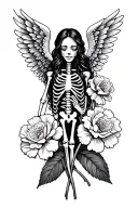 "Miranda" angel wings spread with two Tropical Carnation flower crossed, and skeleton arm holding one of the flower tattoo design idea