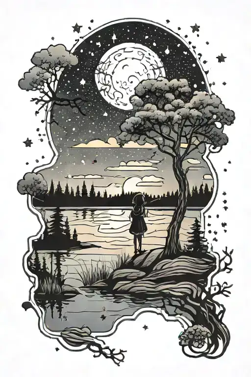 small little girl silhouette in front of lake with trees and night sky milky way  tattoo design idea