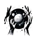 Galaxy themed solar system with reaching hands reaching tattoo design idea