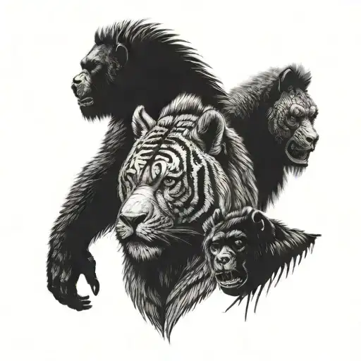 A detailed portrait of a wolf, tiger, and gorilla practicing martial arts in a dotwork style tattoo design idea