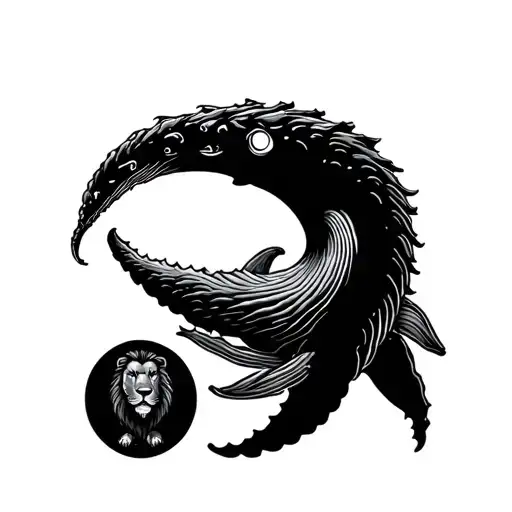 humpback whale with a dense lion creating a semicolon tattoo design idea