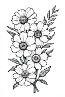 upper arm sleeve tattoo with 4 of the same size flowers. Flowers should include Marigold, Daffodil, Carnation and Violet tattoo design idea