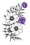 upper arm sleeve tattoo with 4 of the same size flowers. Flowers should include Marigold, Daffodil, Carnation and Violet tattoo design idea