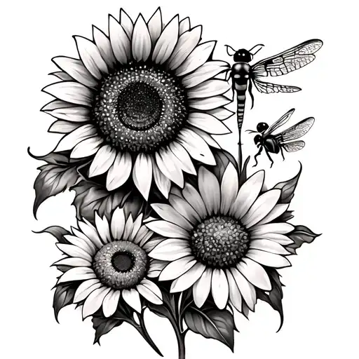dragonfly, bee, sunflower, daisy flower, sisters tattoo design idea
