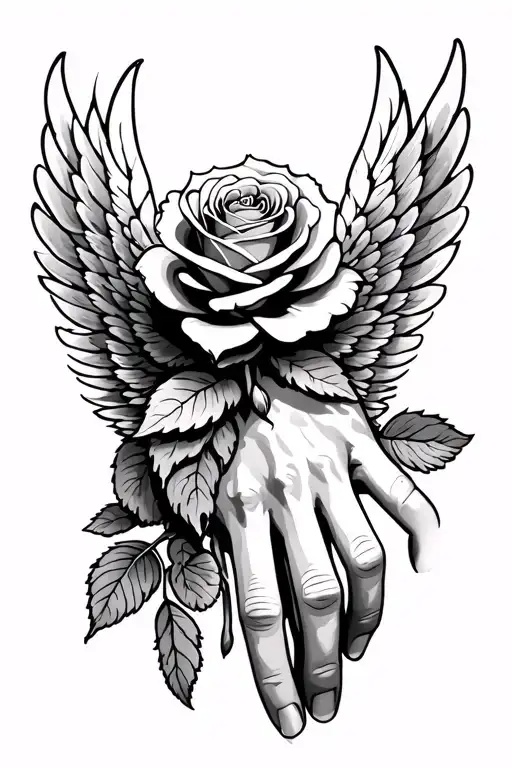rose on top of hand with wing going up forearm tattoo design idea
