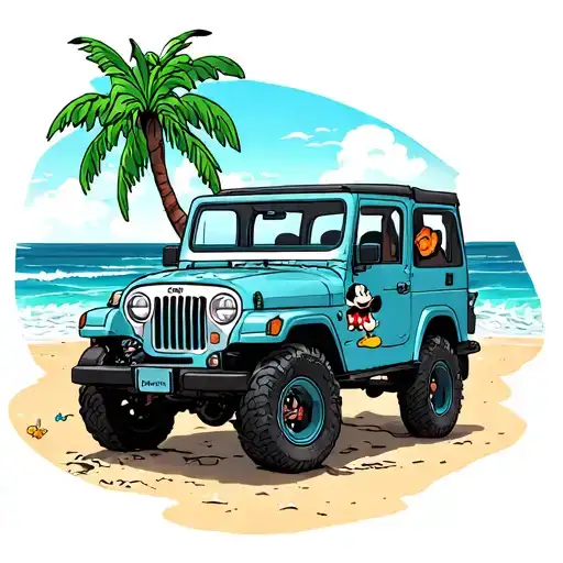 a 4 door jeep on the beach with the ocean in the back ground with palm trees and Mickey mouse tattoo design idea