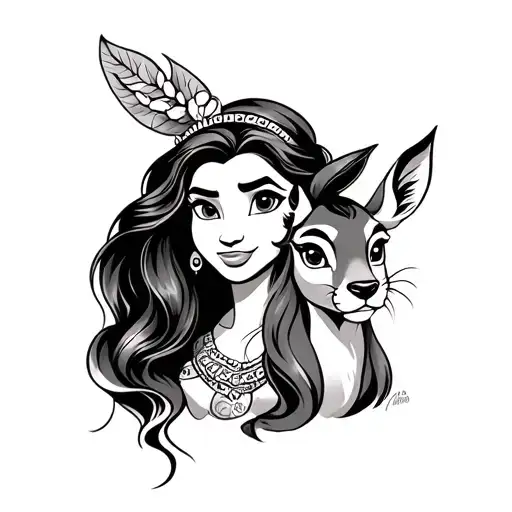 A Disney-themed, showcasing a Pocahontas, Simba and Bambi tattoo design idea