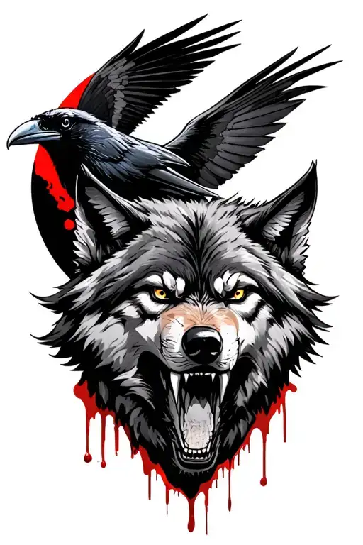 snarling wolf with a raven and blood moon  tattoo design idea