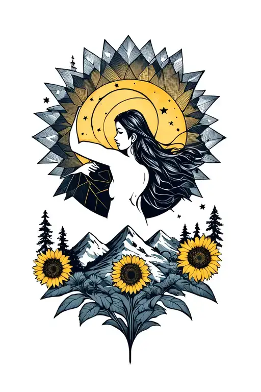 woman strength, moon and stars, John Deere, sunflower, mountain with sunshine tattoo design idea