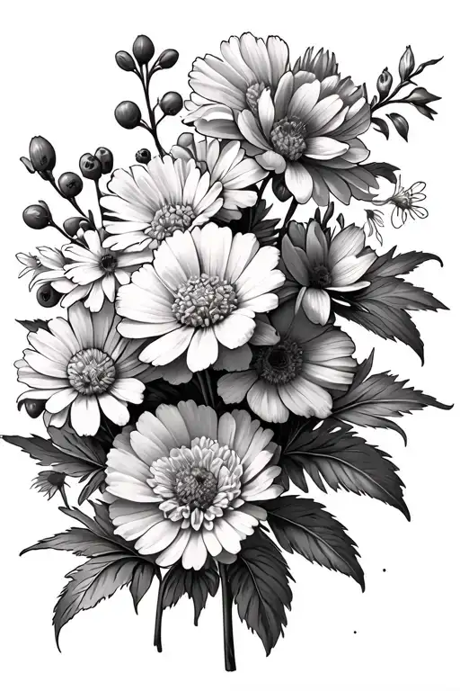 2 carnations, cherry blossom, 2 daisies, a hawthorn, larkspur, gladiolus, 2 asters, 2 cosmos, 2 peonies, narcissus tattoo design idea