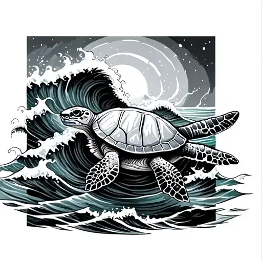 sea turtle under rough ocean waves tattoo design idea