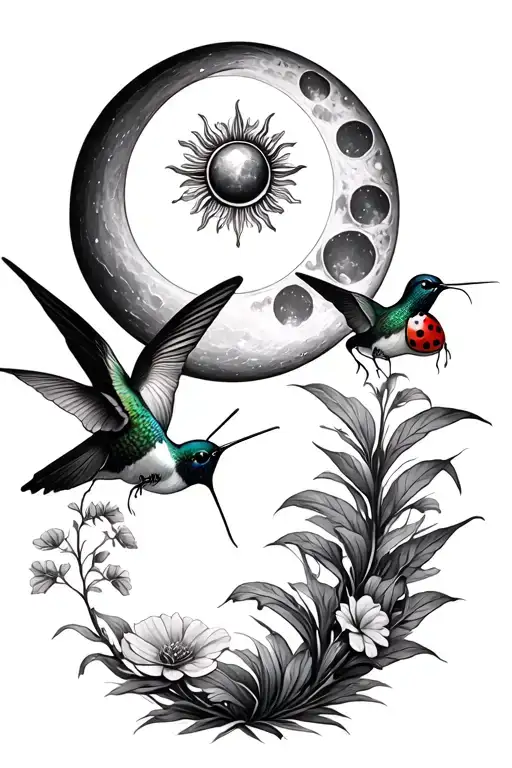 sun, moon, hummingbird, ladybug, tattoo design idea