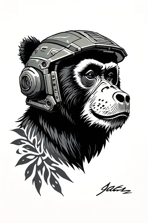 Mythical Bear/Monkey wearing Master Chief helmet tattoo design idea
