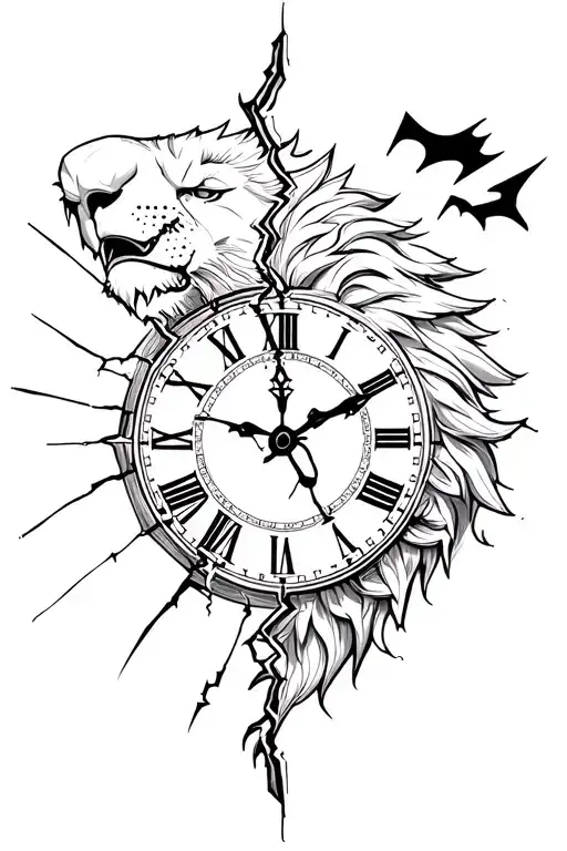 broken clock surrounding a half lion half Spartan tattoo design idea