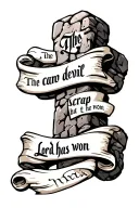 cobblestone cross with writing "the devil can scrap but the Lord has won" in old font on a scroll. tattoo design idea
