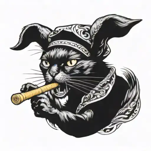 black cat with bandana on head holding drumstick in mouth tattoo design idea
