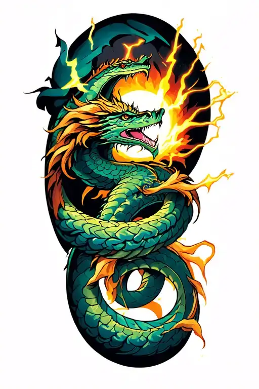 Jormungandr arm tattoo with bolts of lightining all around it simulating a fight with Thor tattoo design idea