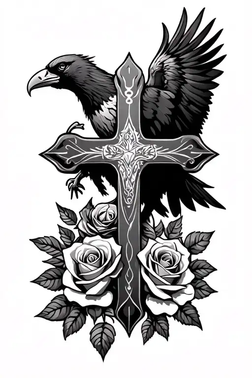 cross, cardinal, eagle, roses tattoo design idea